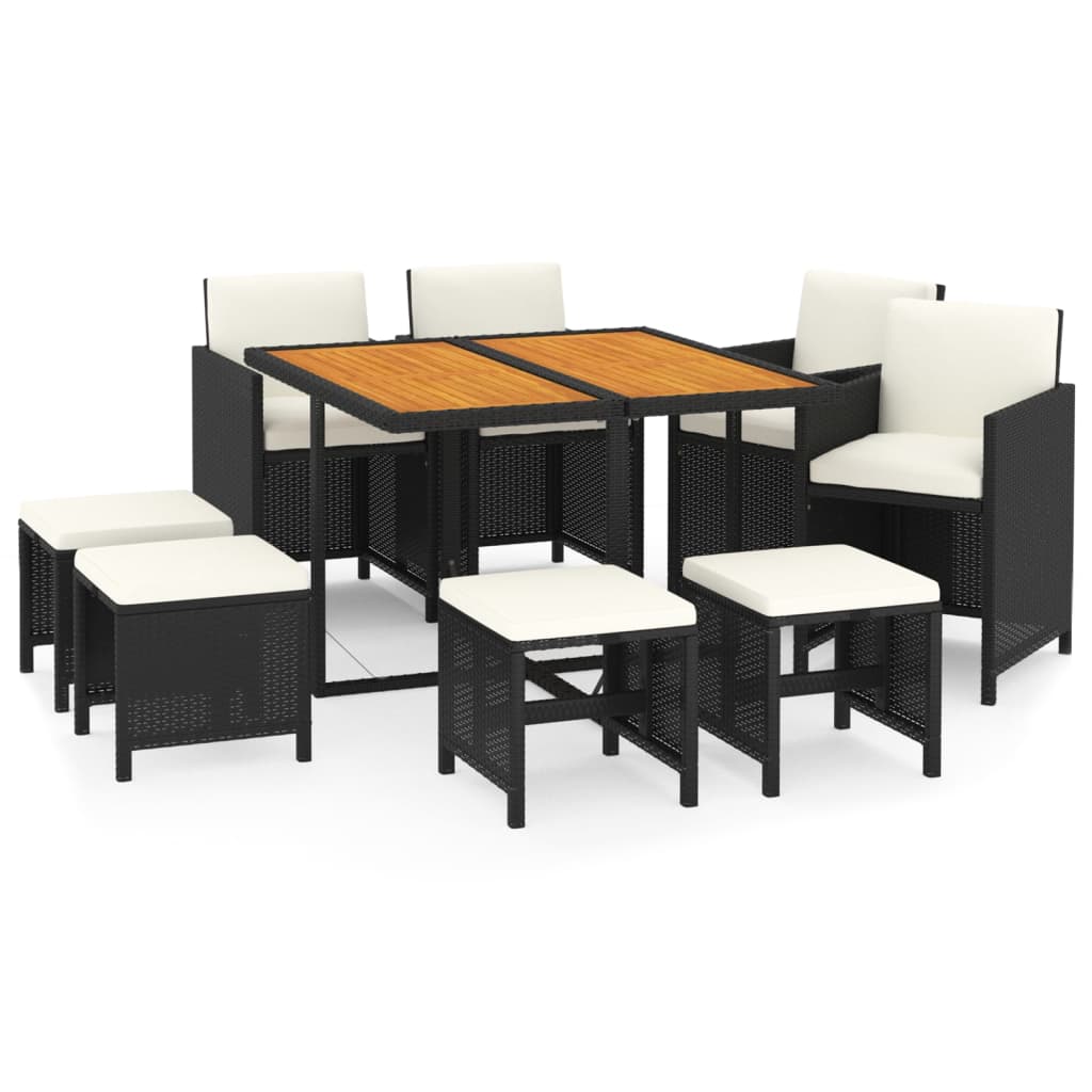 9 Pcs conjunto de jantar p/ jardim c/ almofadões vime PE preto