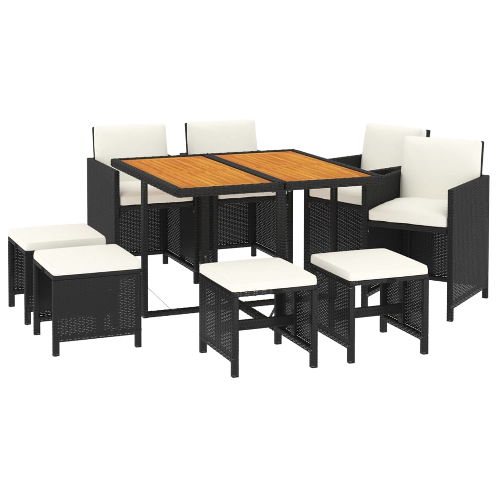 9 Pcs conjunto de jantar p/ jardim c/ almofadões vime PE preto