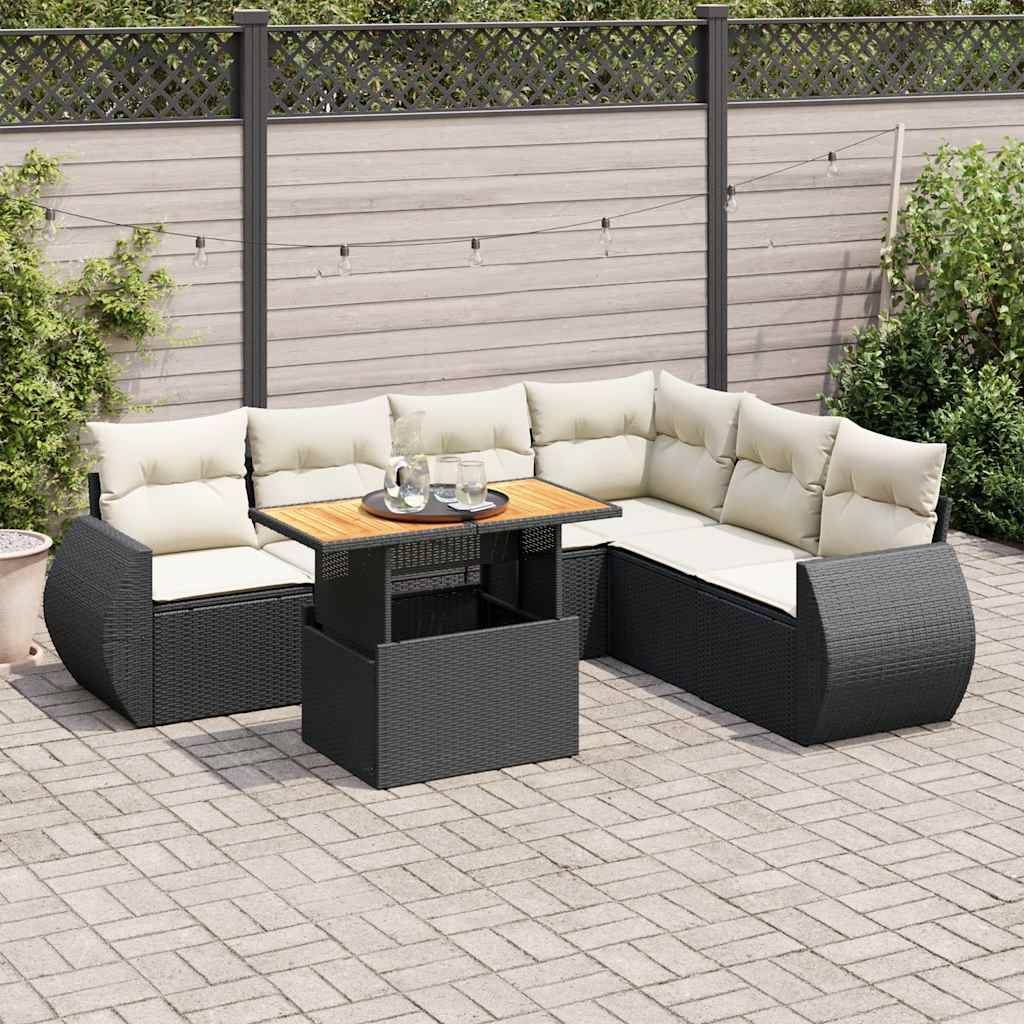 7 Pcs conjunto de sofás p/ jardim c/ almofadões vime PE preto