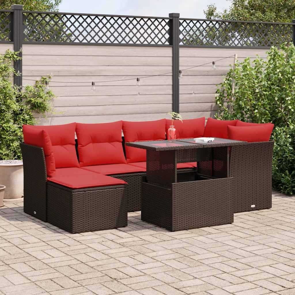 7 Pcs conj. sofás jardim c/ almofadões vime PE/acácia castanho