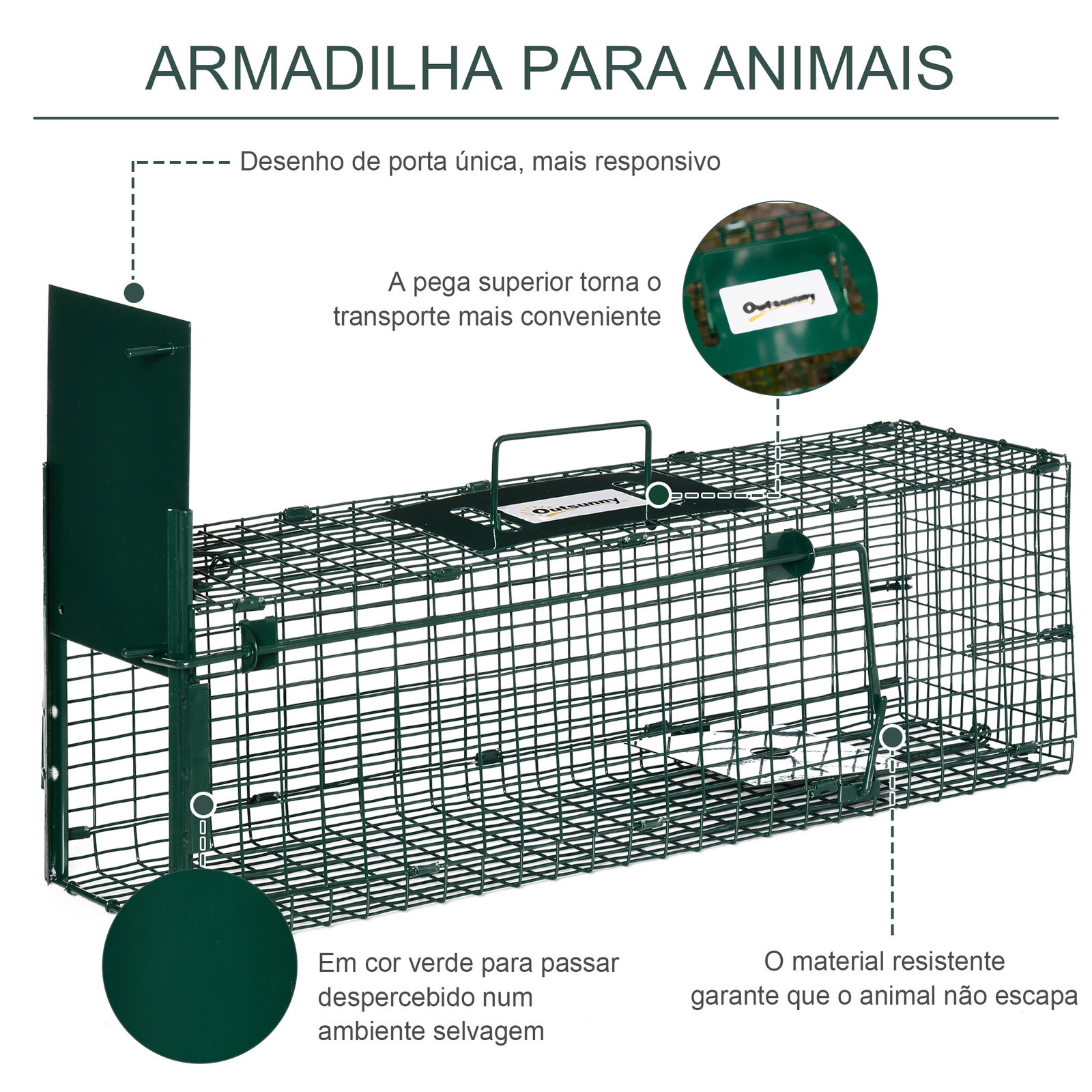 Armadilha para animais vivos com porta gaiola de captura com alça de transporte para coelhos raposas pequenas 60x18x20cm verde escuro