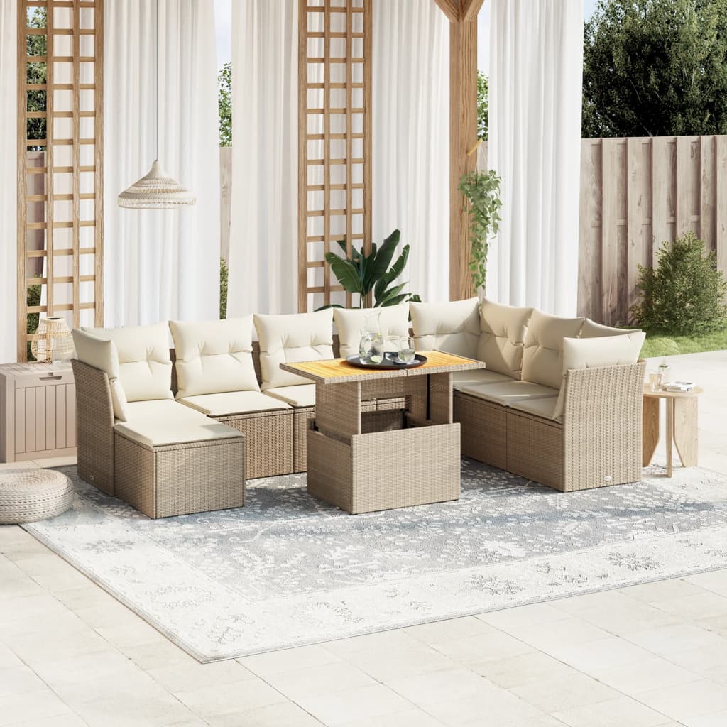 9 Pcs conjunto de sofás p/ jardim com almofadões vime PE bege