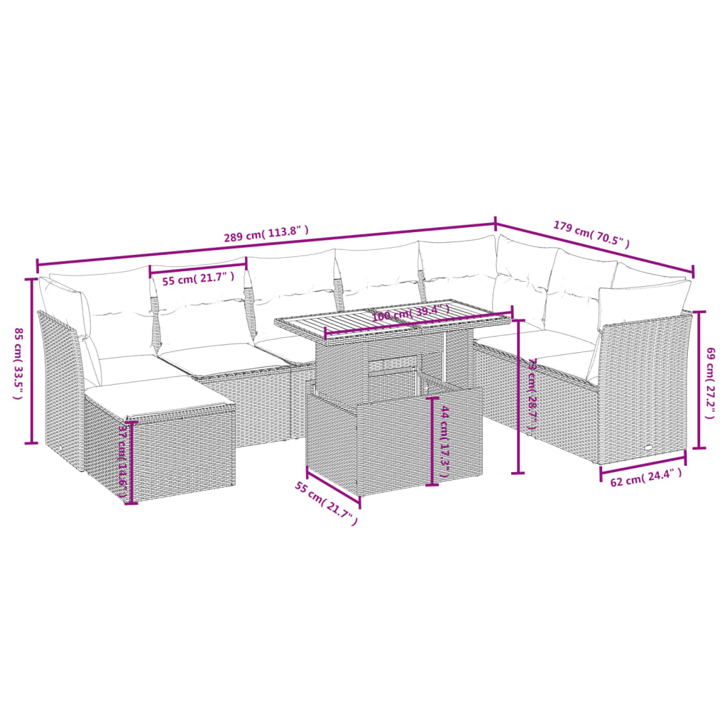 9 Pcs conjunto de sofás p/ jardim com almofadões vime PE bege