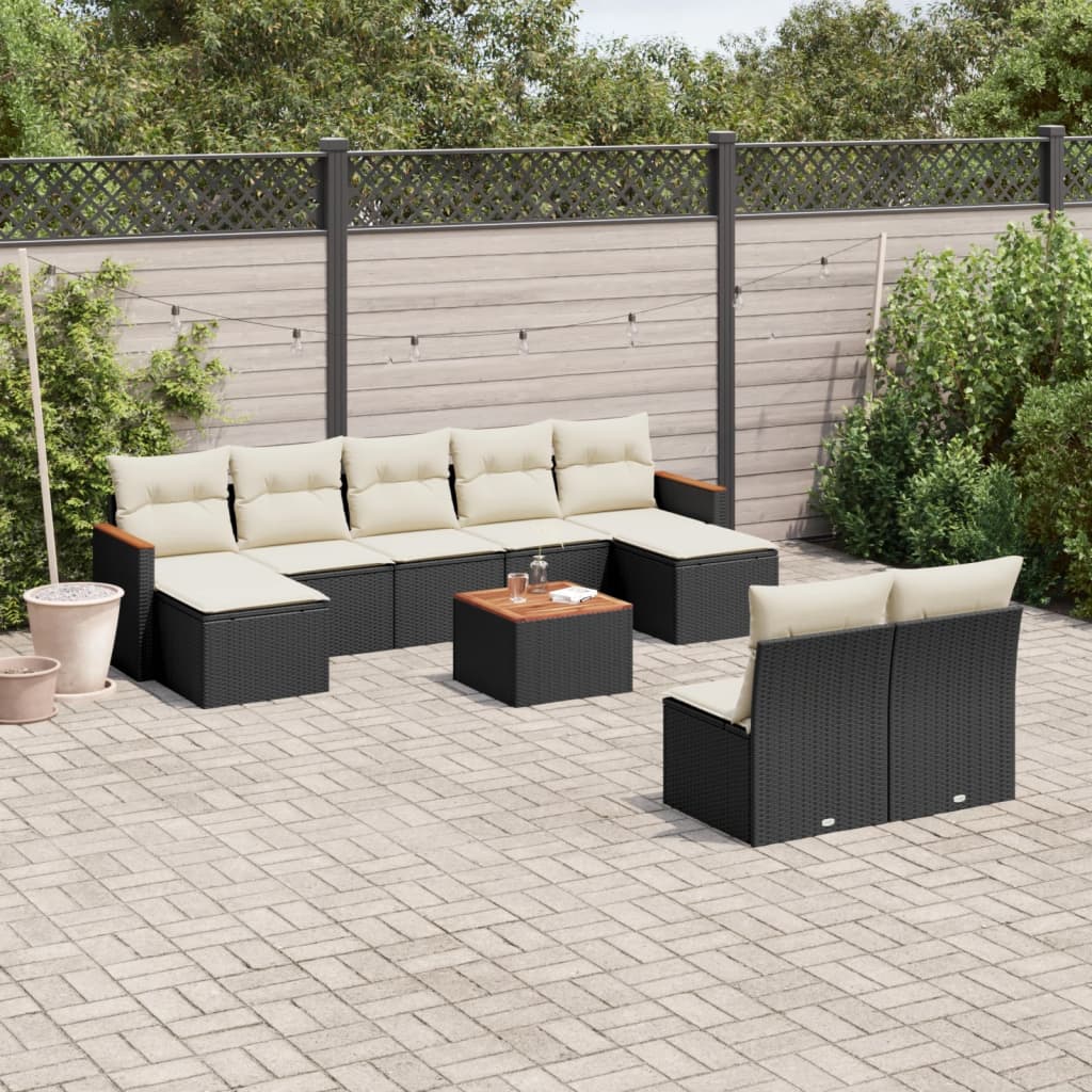 10 Pcs conjunto sofás de jardim c/ almofadões vime PE preto