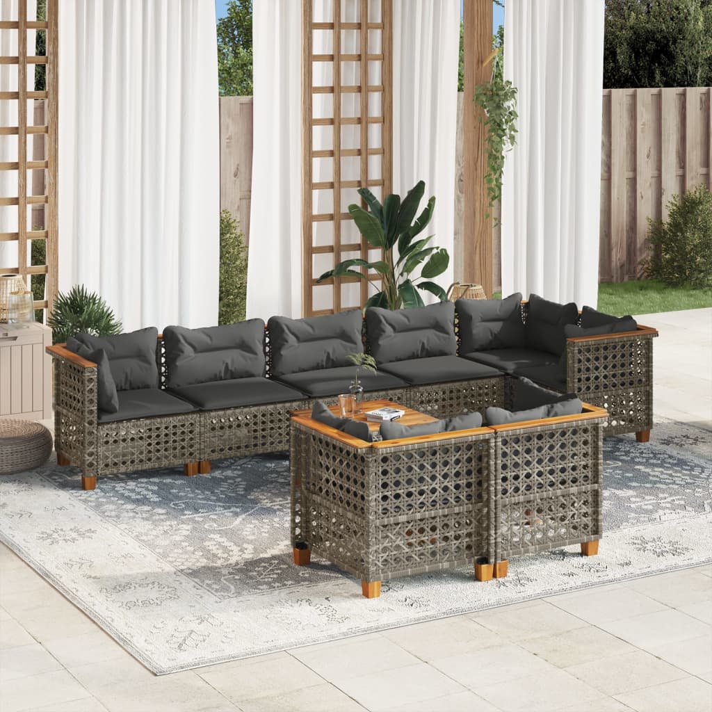 9 Pcs conjunto sofás p/ jardim com almofadões vime PE cinzento