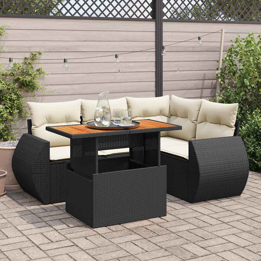 5 Pcs conjunto sofás de jardim com almofadões vime PE preto