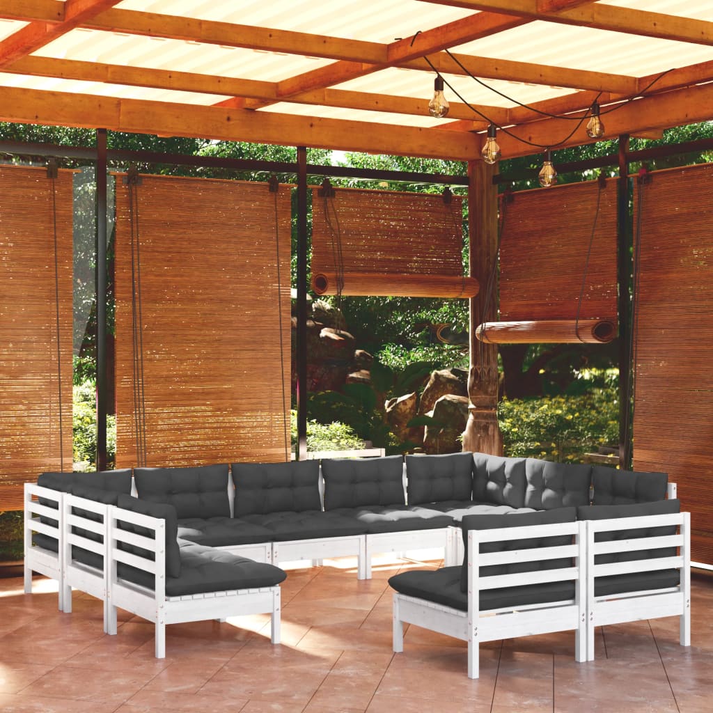 11 Pcs conj. lounge de jardim c/ almofadões pinho maciço branco