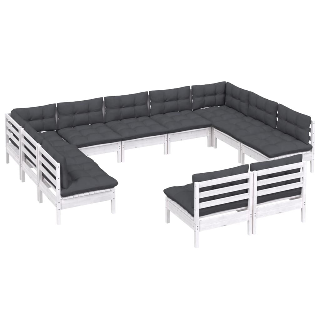 11 Pcs conj. lounge de jardim c/ almofadões pinho maciço branco