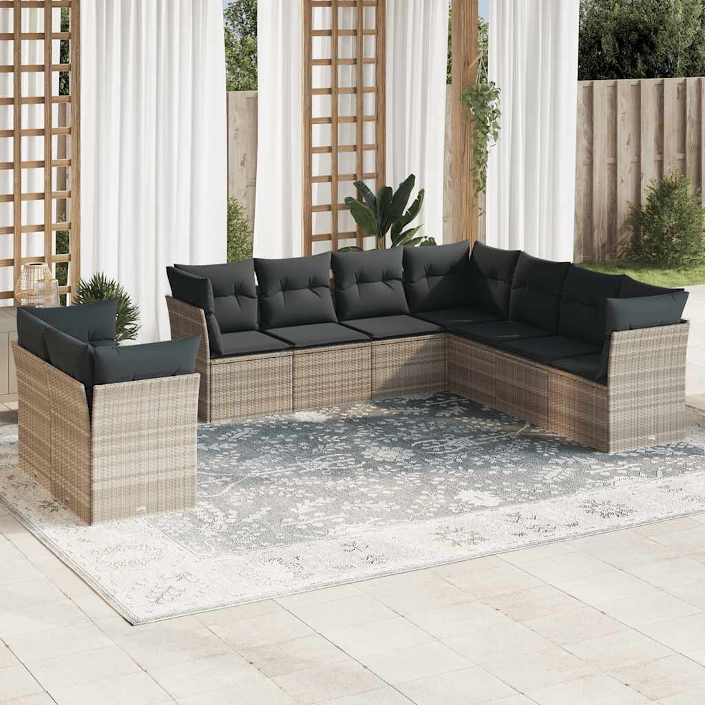 9 Pcs conj. sofás jardim com almofadões vime PE cinzento-claro
