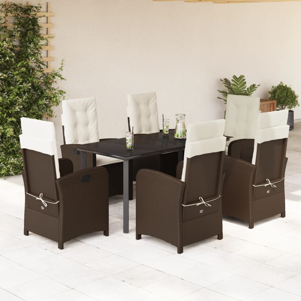 7 Pcs conjunto jantar p/ jardim c/ almofadões vime PE castanho