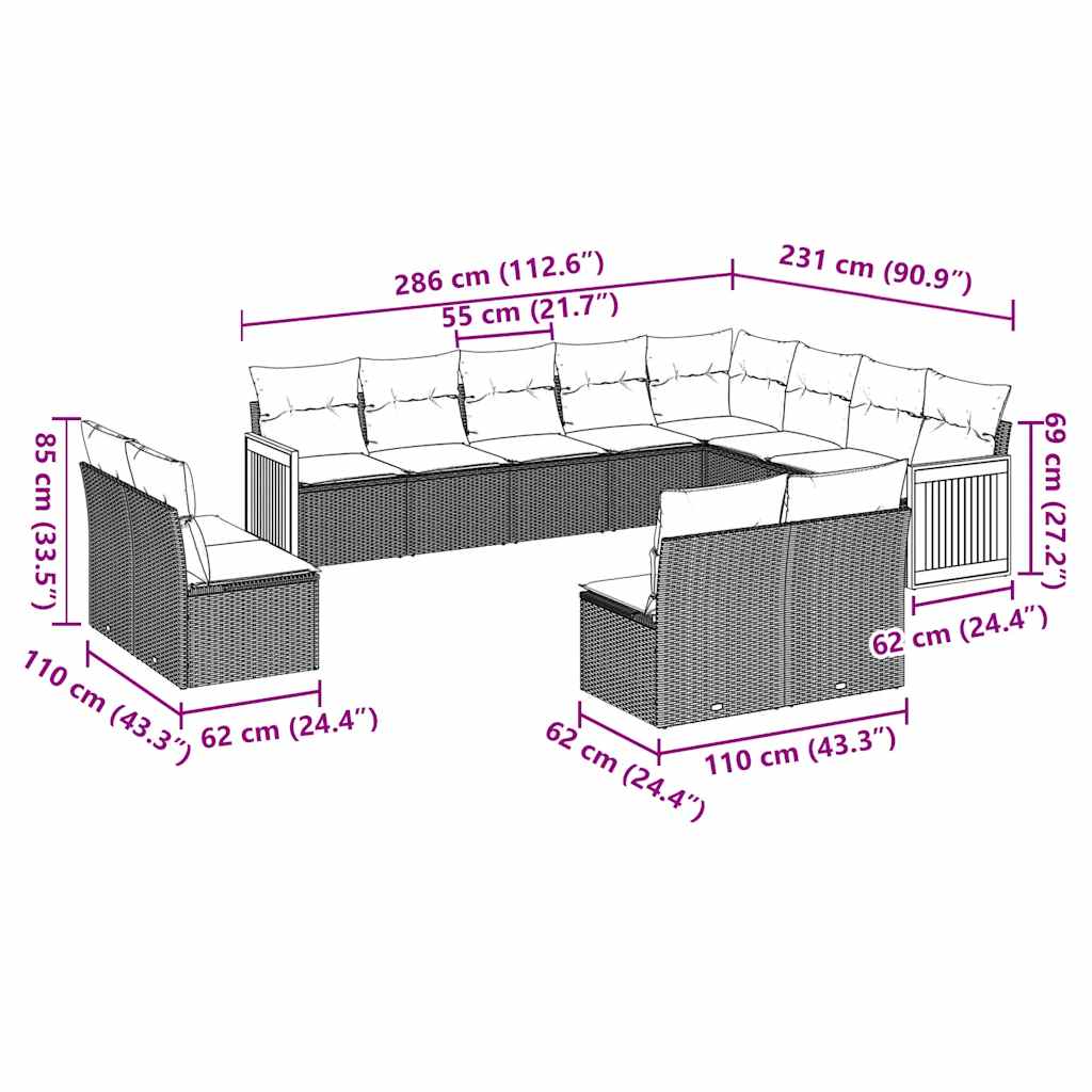 12 Pcs conjunto de sofás de jardim c/ almofadões vime PE preto