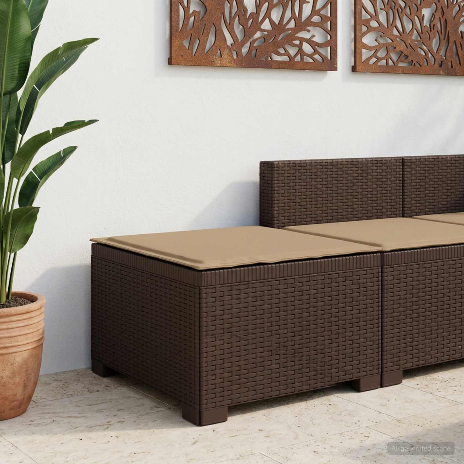 Sofá de jardim 1 lugar com almofada look rattan PP castanho