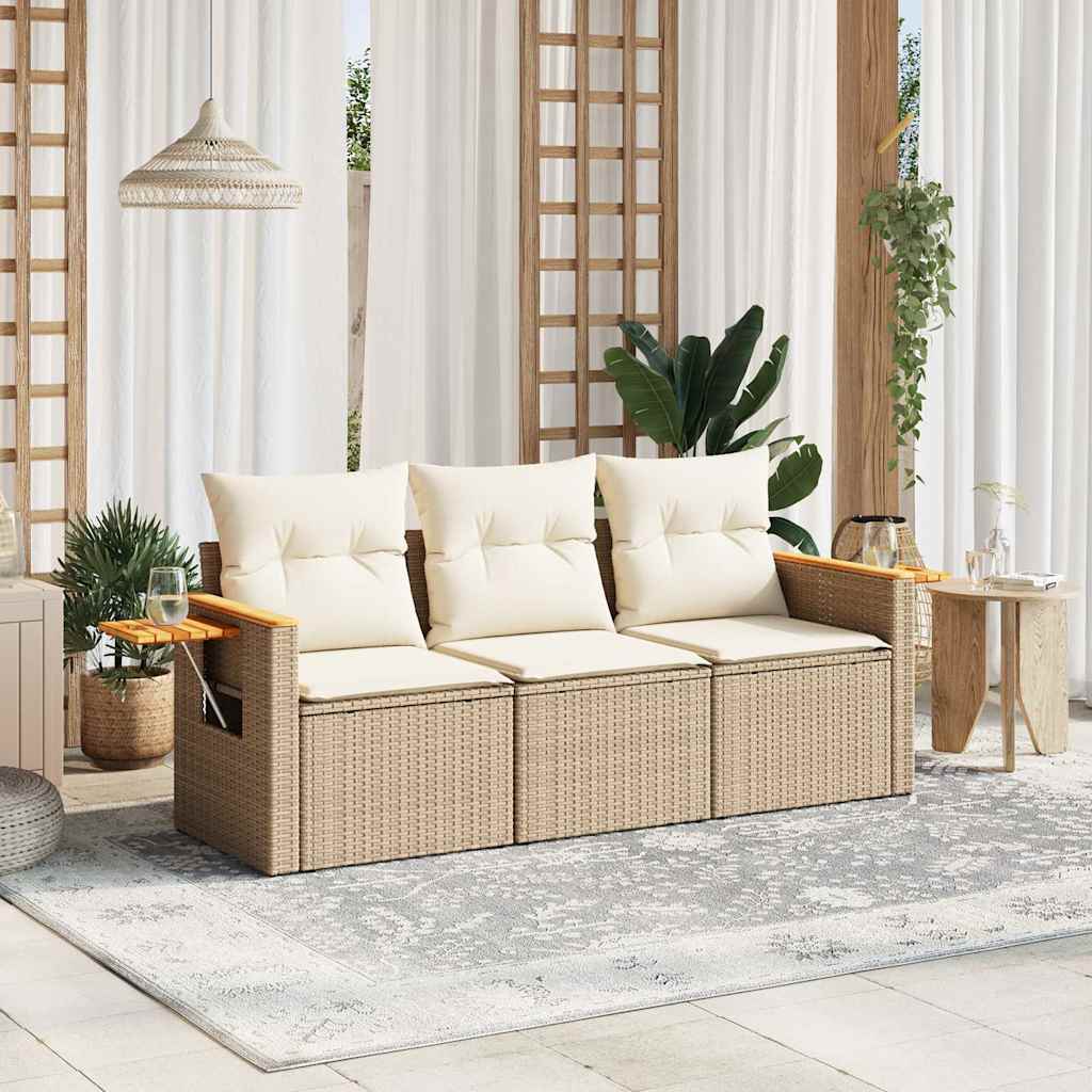 3 Pcs conjunto de sofás p/ jardim com almofadões vime PE bege