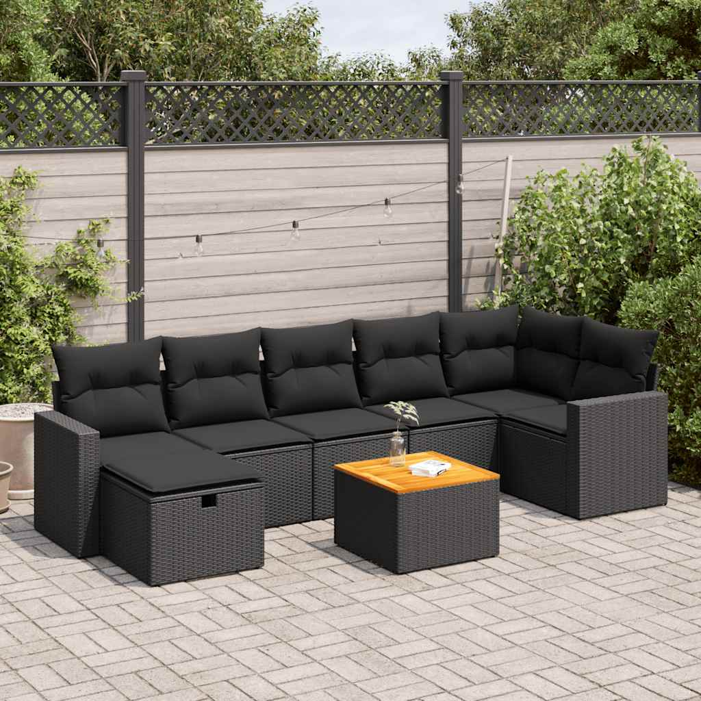 8 Pcs conjunto sofás de jardim com almofadões vime PE preto