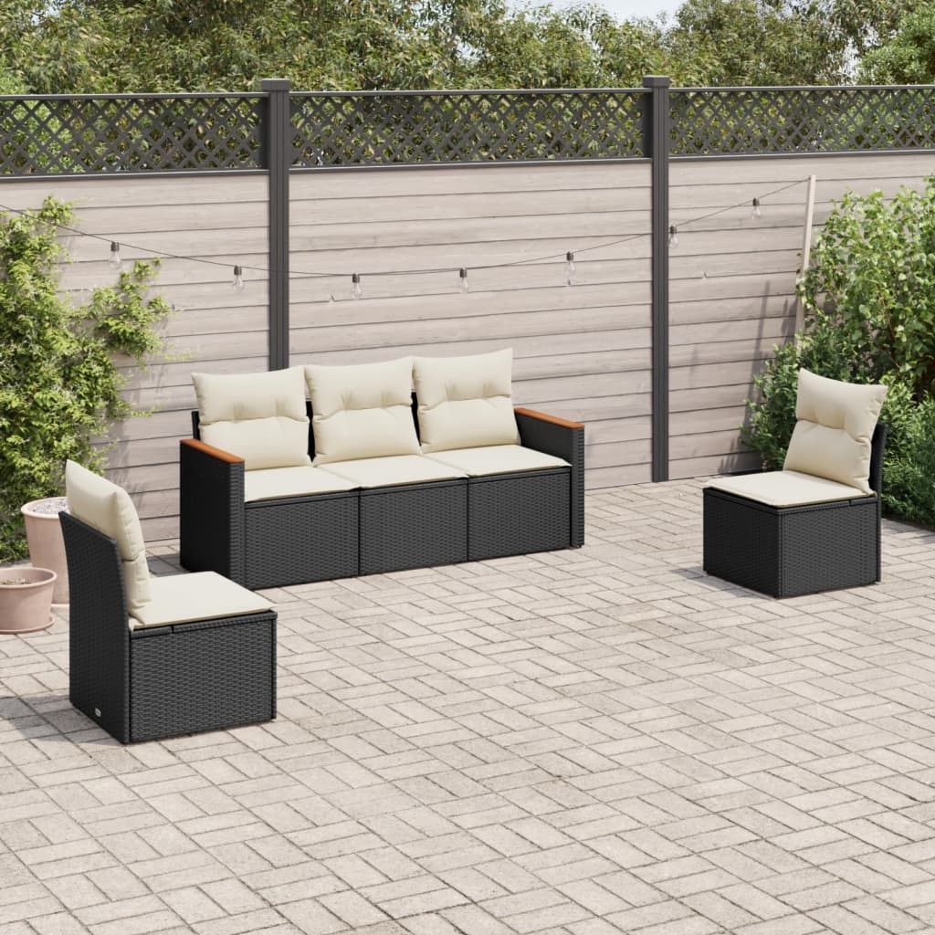 5 Pcs conjunto sofás de jardim com almofadões vime PE preto