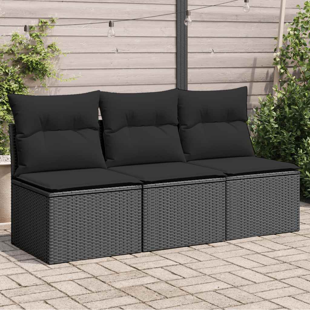 Sofá de jardim com almofadas, 3 lugares, vime sintético preto