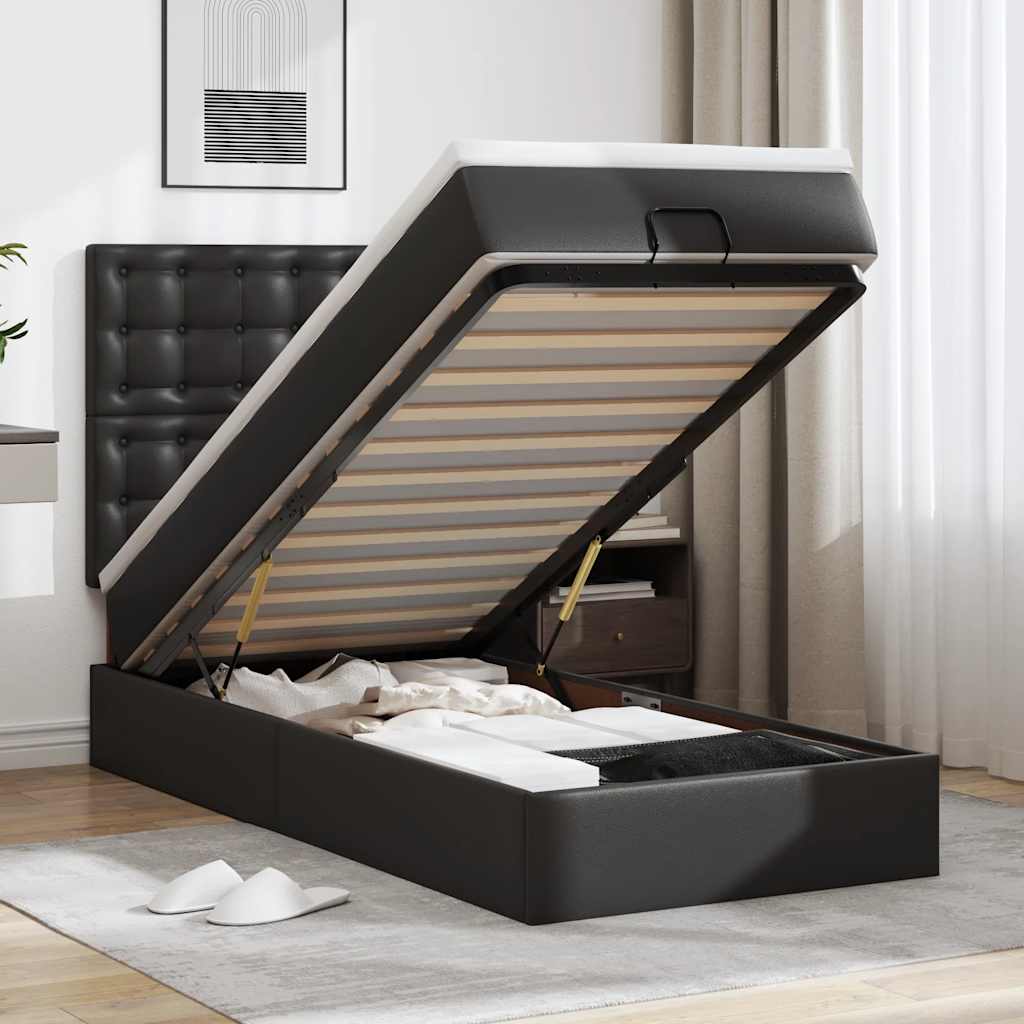 Cama otomana com colchão 90x190 cm couro artificial preto