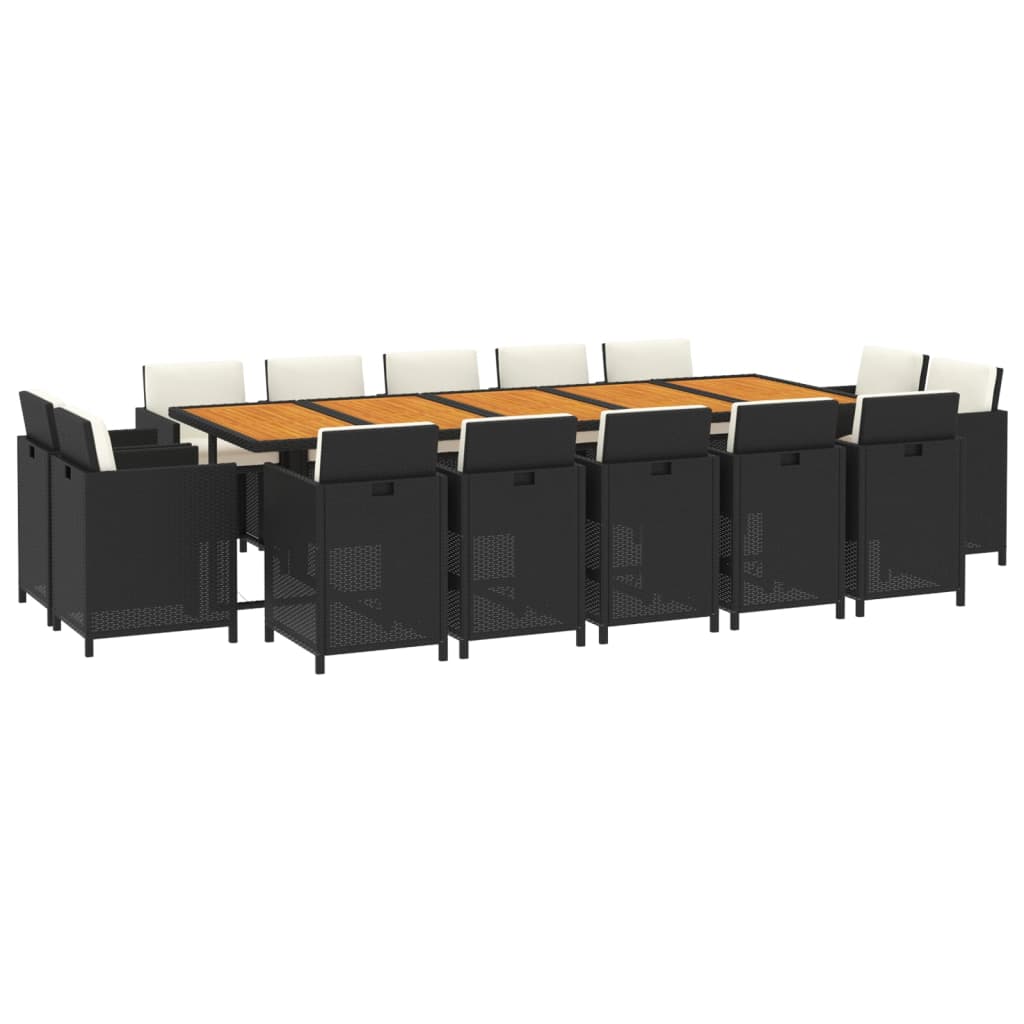 15 Pcs conjunto jantar p/ jardim c/ almofadões vime PE preto