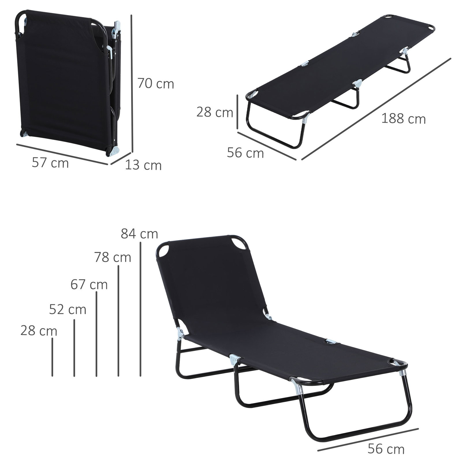 Espreguiçadeira dobrável reclinável com ângulo ajustável de 3 posições para exterior carga 120 kg 190x56x28 cm preto