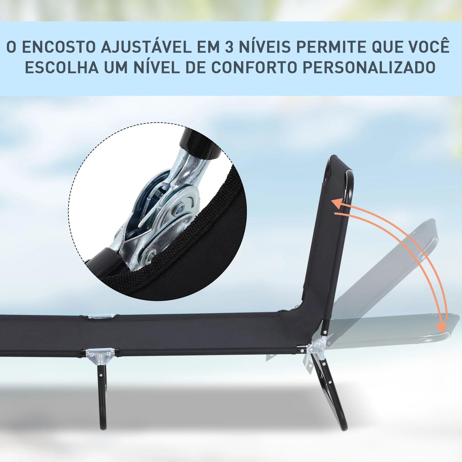 Espreguiçadeira dobrável reclinável com ângulo ajustável de 3 posições para exterior carga 120 kg 190x56x28 cm preto