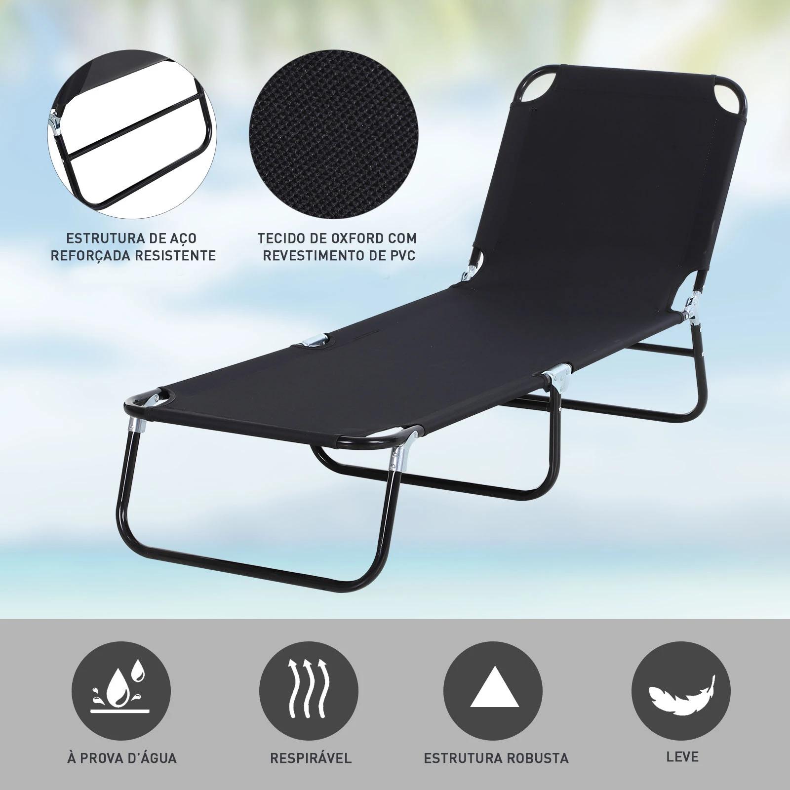 Espreguiçadeira dobrável reclinável com ângulo ajustável de 3 posições para exterior carga 120 kg 190x56x28 cm preto