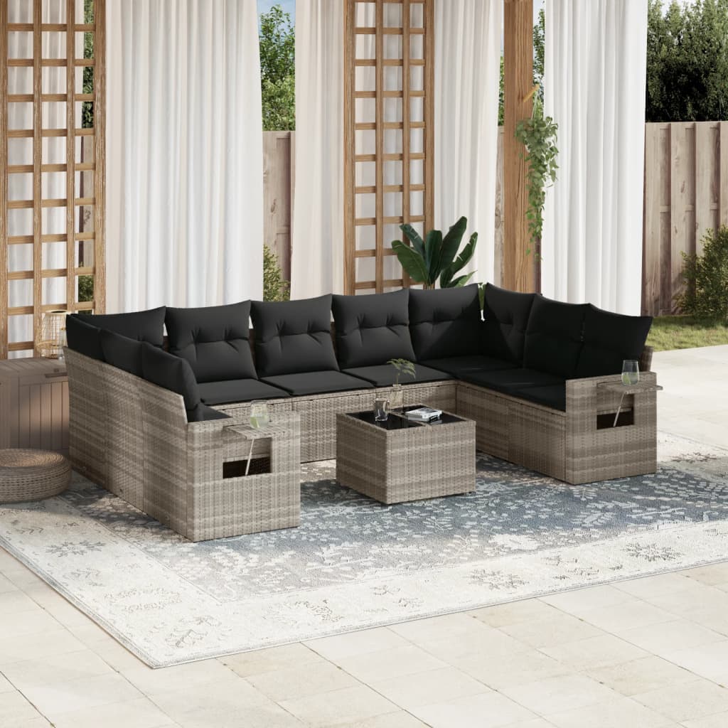 10 Pcs conj. sofás jardim com almofadões vime PE cinzento-claro