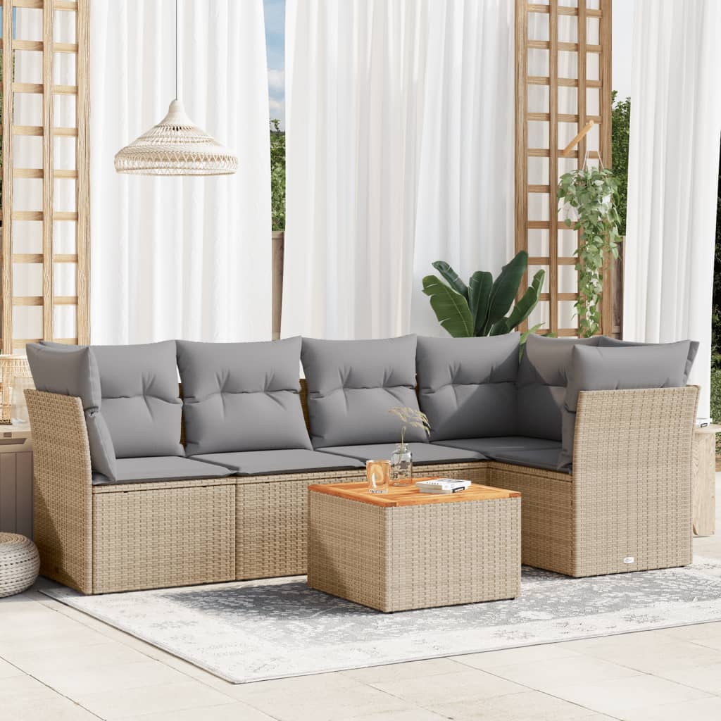 6 Pcs conj. sofás jardim c/ almofadões vime PE bege misturado