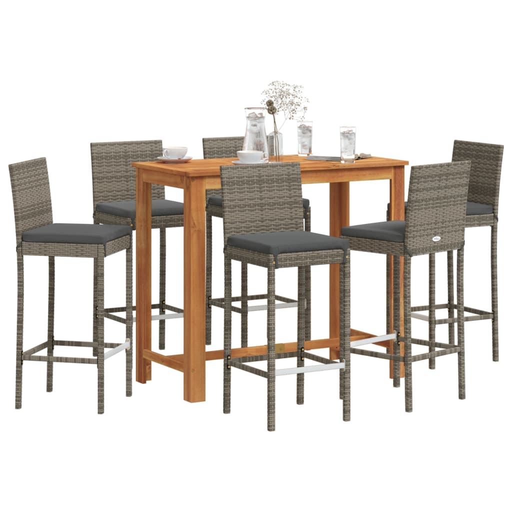 7 Pcs conjunto de bar p/ jardim acácia maciça/vime PE cinzento