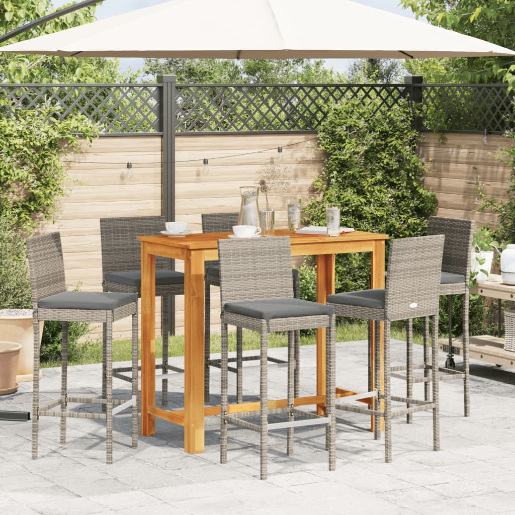 7 Pcs conjunto de bar p/ jardim acácia maciça/vime PE cinzento