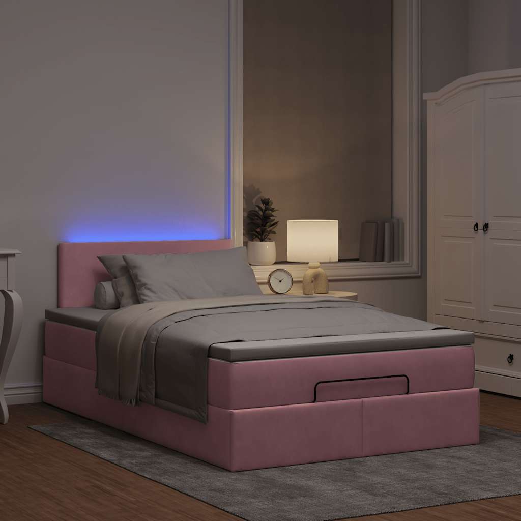 Cama otomana com colchão & leds 120x190cm veludo rosa