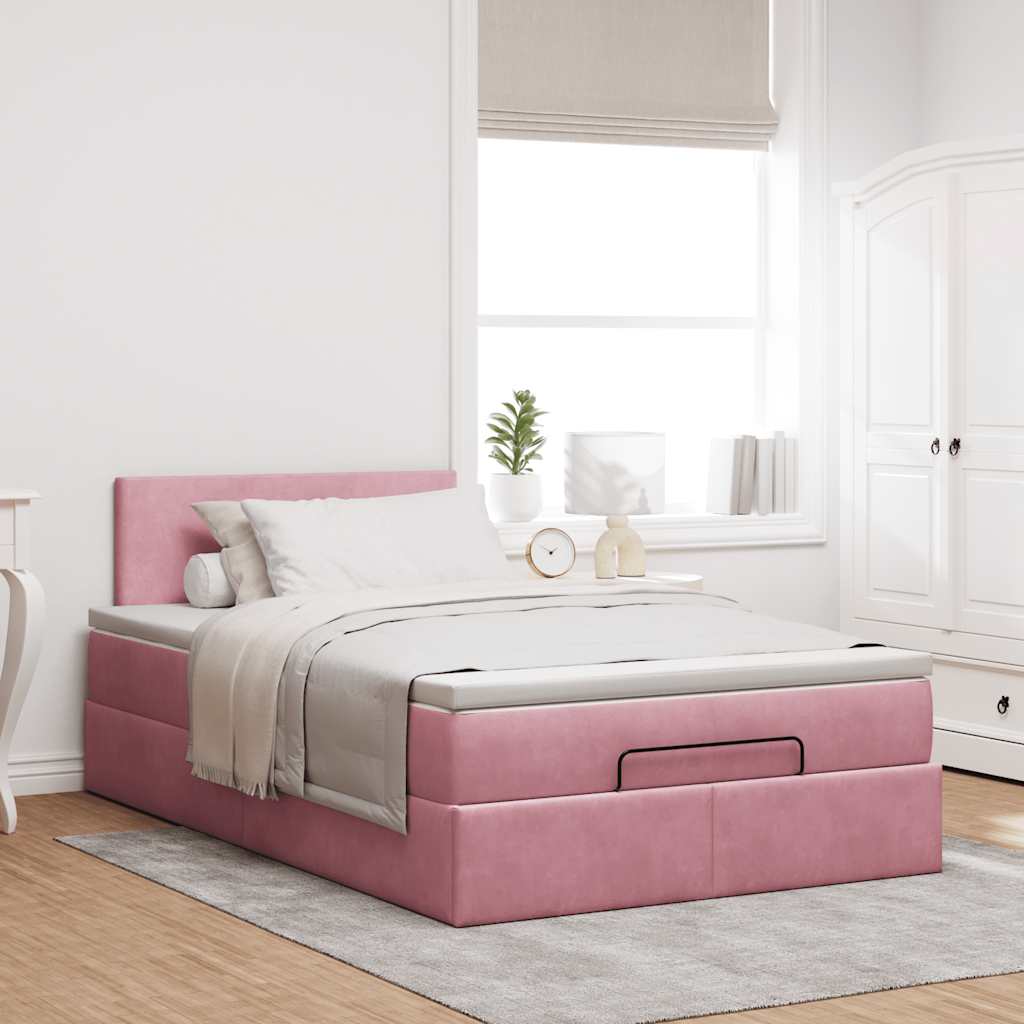 Cama otomana com colchão & leds 120x190cm veludo rosa