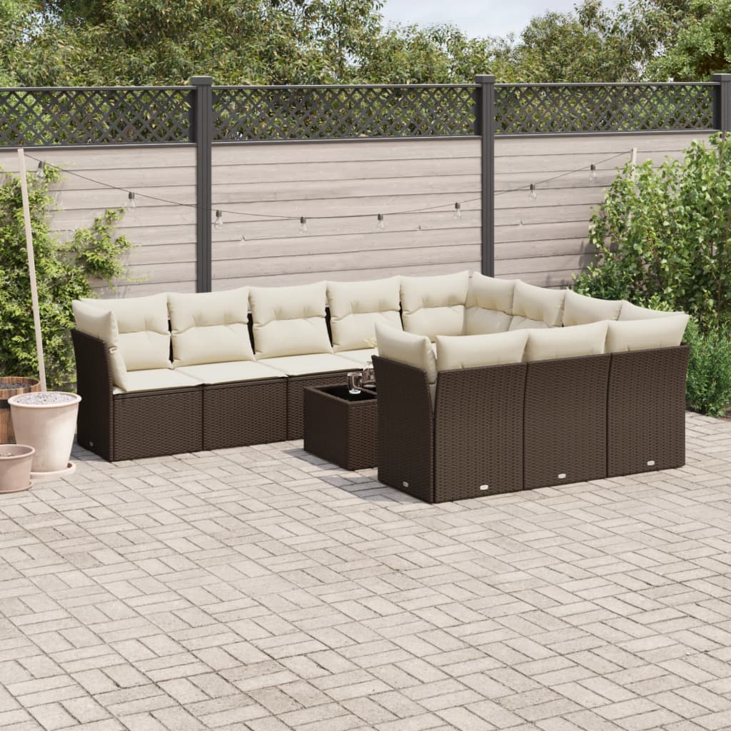 11 Pcs conjunto sofás de jardim c/ almofadões vime PE castanho