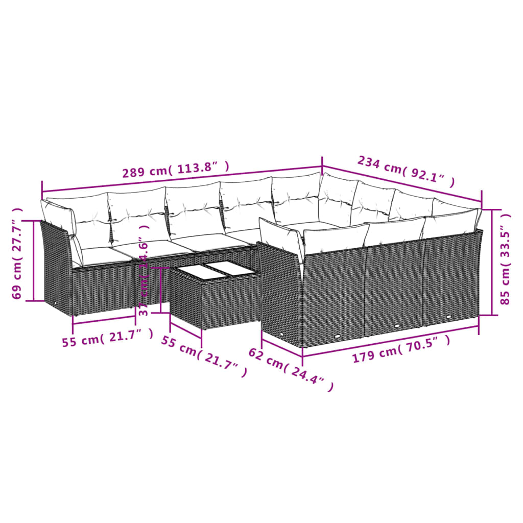 11 Pcs conjunto sofás de jardim c/ almofadões vime PE castanho