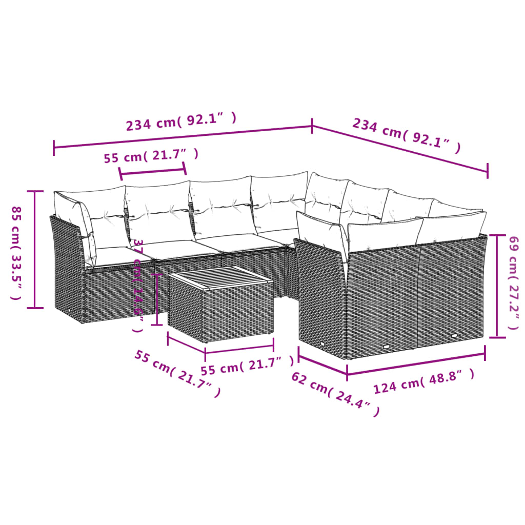 9 Pcs conjunto sofás p/ jardim com almofadões vime PE cinzento