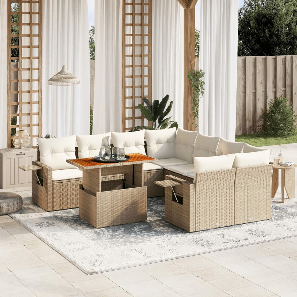 9 Pcs conjunto de sofás p/ jardim com almofadões vime PE bege