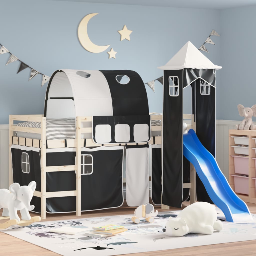 Cortinas para cama elevada com túnel e torre branco e preto