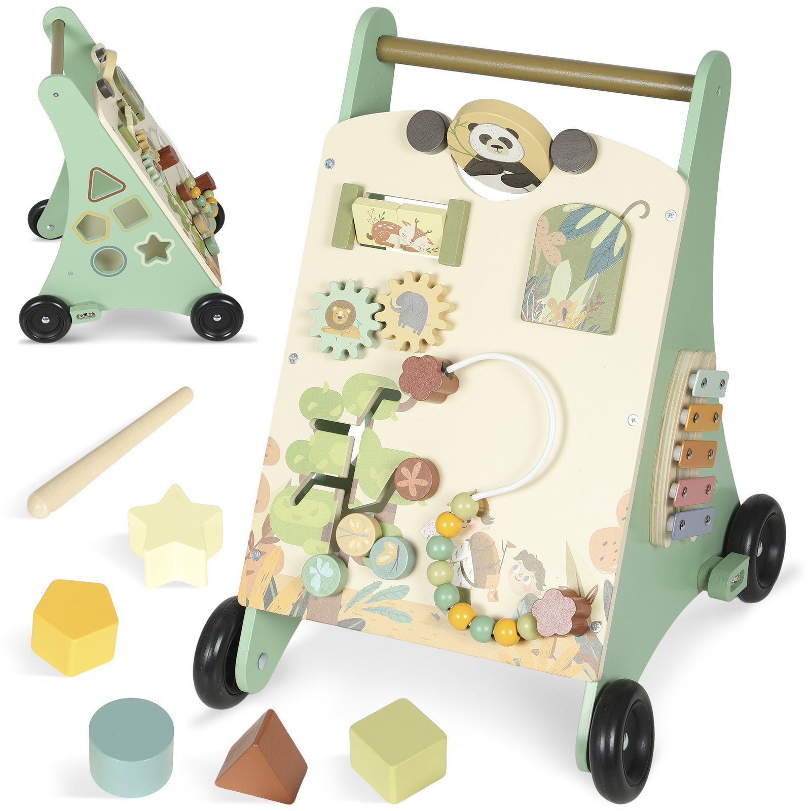 Andador de madeira para bebé centro de atividades de aprendizagem montessori com controlo de velocidade com xilofone 33,5x36x46,8 cm verde