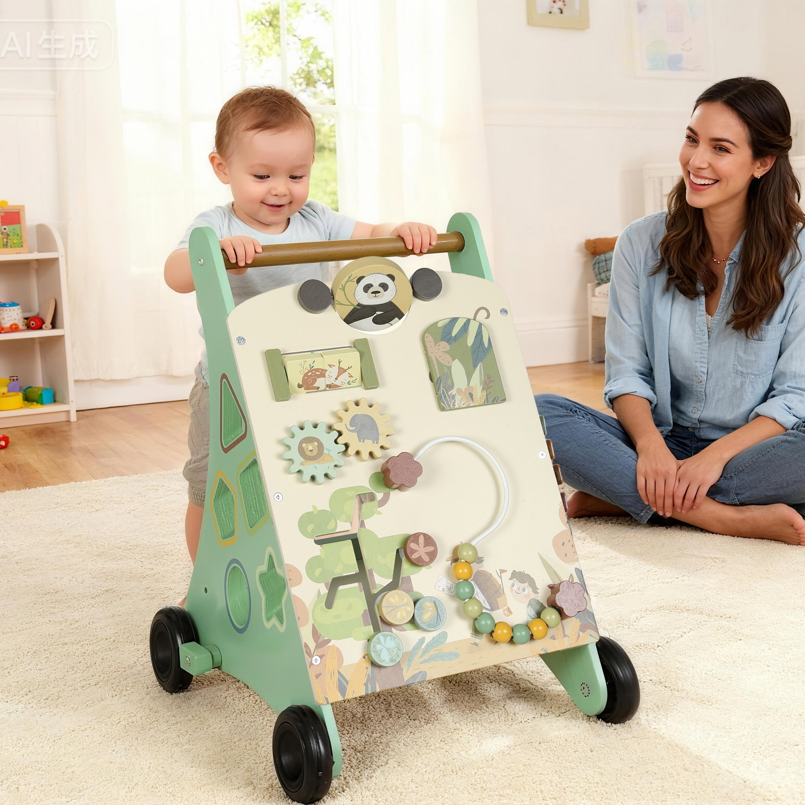 Andador de madeira para bebé centro de atividades de aprendizagem montessori com controlo de velocidade com xilofone 33,5x36x46,8 cm verde
