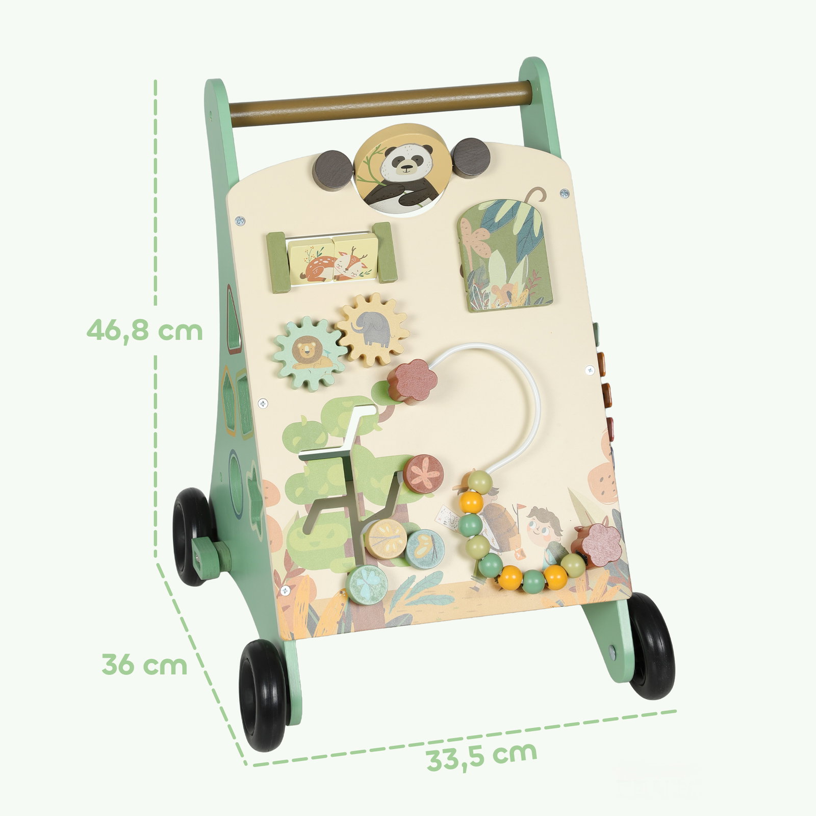 Andador de madeira para bebé centro de atividades de aprendizagem montessori com controlo de velocidade com xilofone 33,5x36x46,8 cm verde
