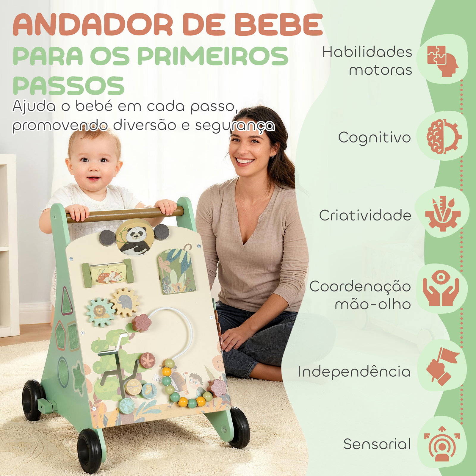 Andador de madeira para bebé centro de atividades de aprendizagem montessori com controlo de velocidade com xilofone 33,5x36x46,8 cm verde