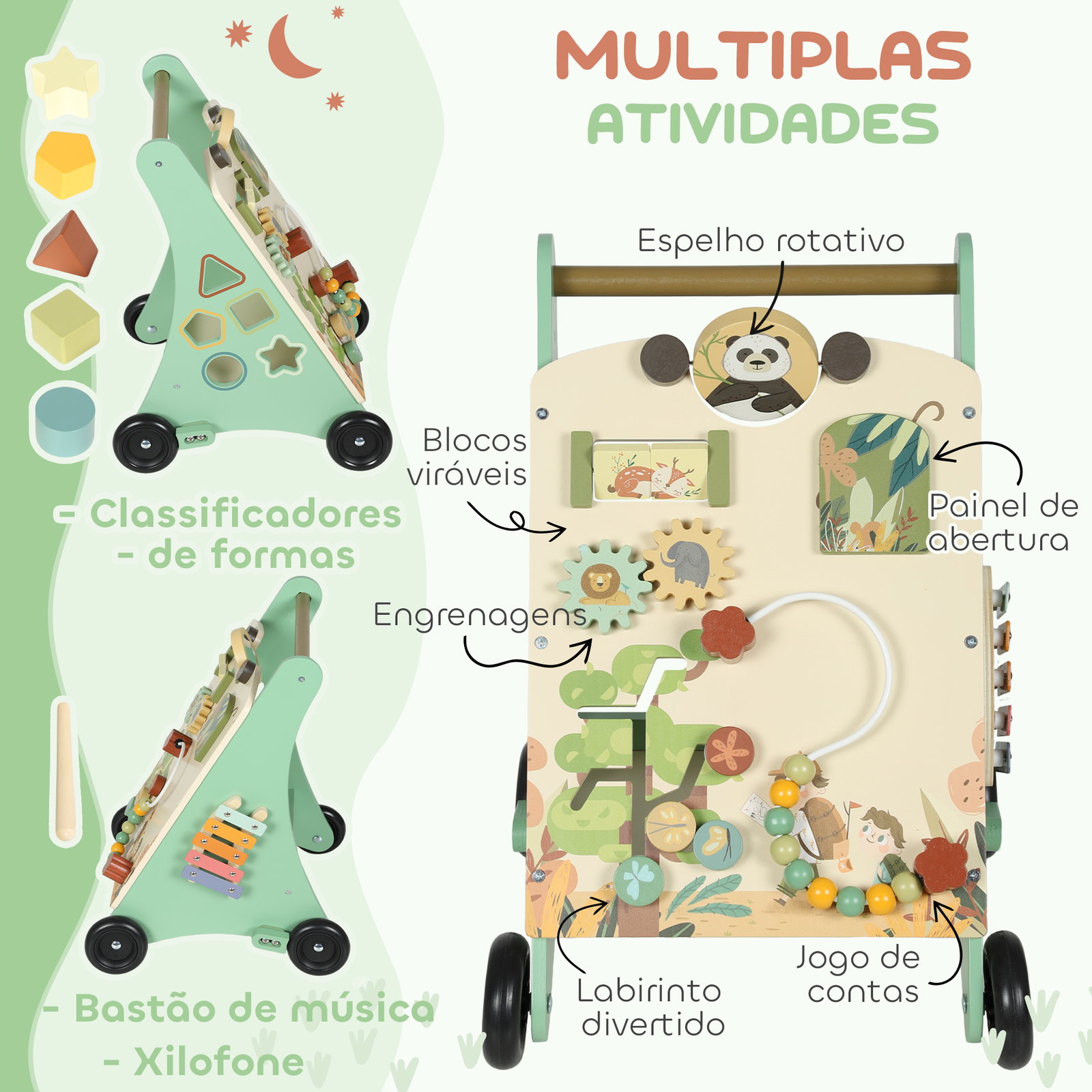 Andador de madeira para bebé centro de atividades de aprendizagem montessori com controlo de velocidade com xilofone 33,5x36x46,8 cm verde