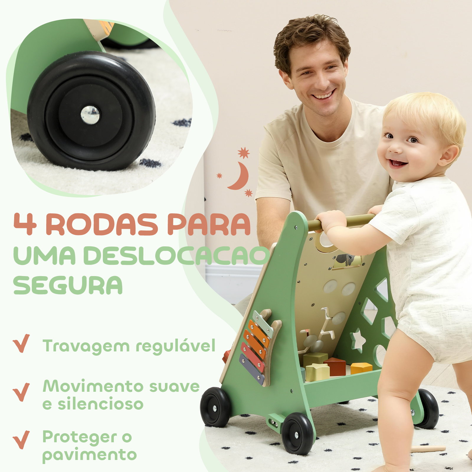 Andador de madeira para bebé centro de atividades de aprendizagem montessori com controlo de velocidade com xilofone 33,5x36x46,8 cm verde