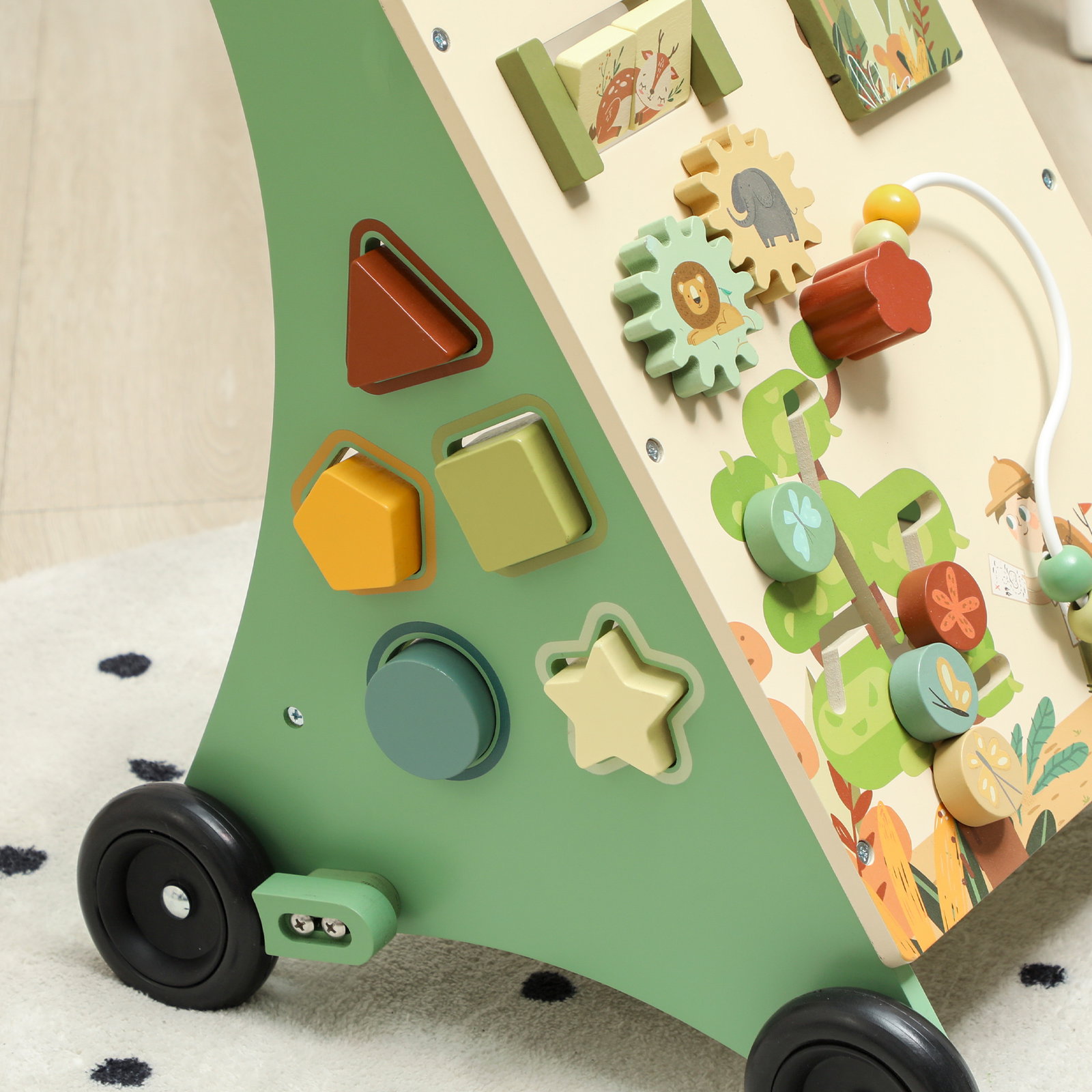 Andador de madeira para bebé centro de atividades de aprendizagem montessori com controlo de velocidade com xilofone 33,5x36x46,8 cm verde