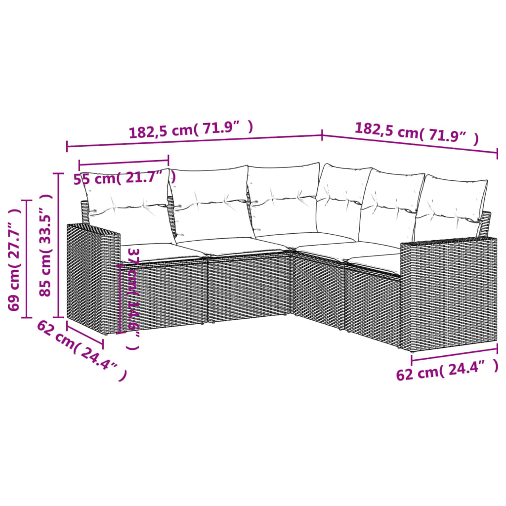 5 Pcs conjunto de sofás p/ jardim com almofadões vime PE bege