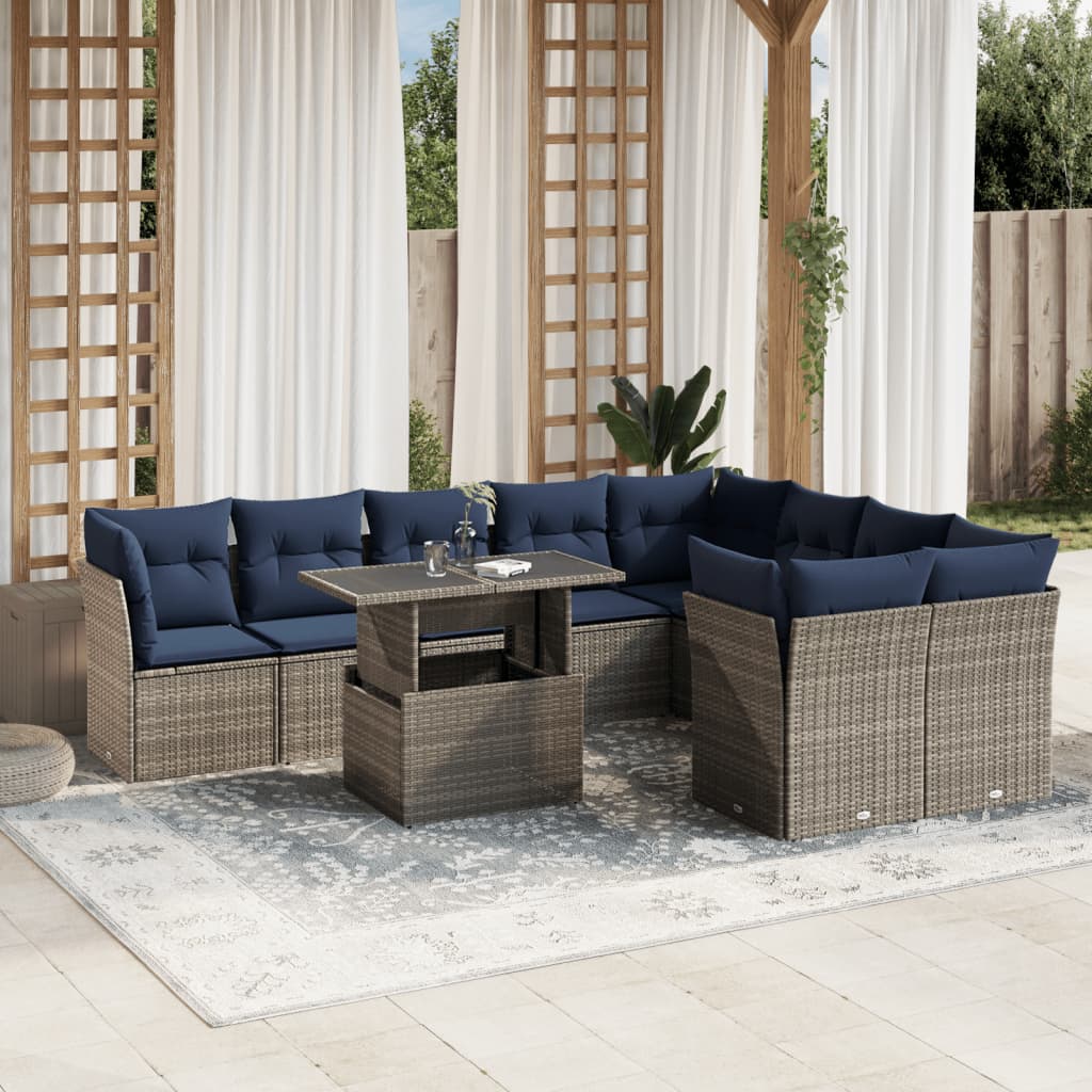 Conjunto de sofá de jardim com 10 peças e almofadas em rattan sintético cinza