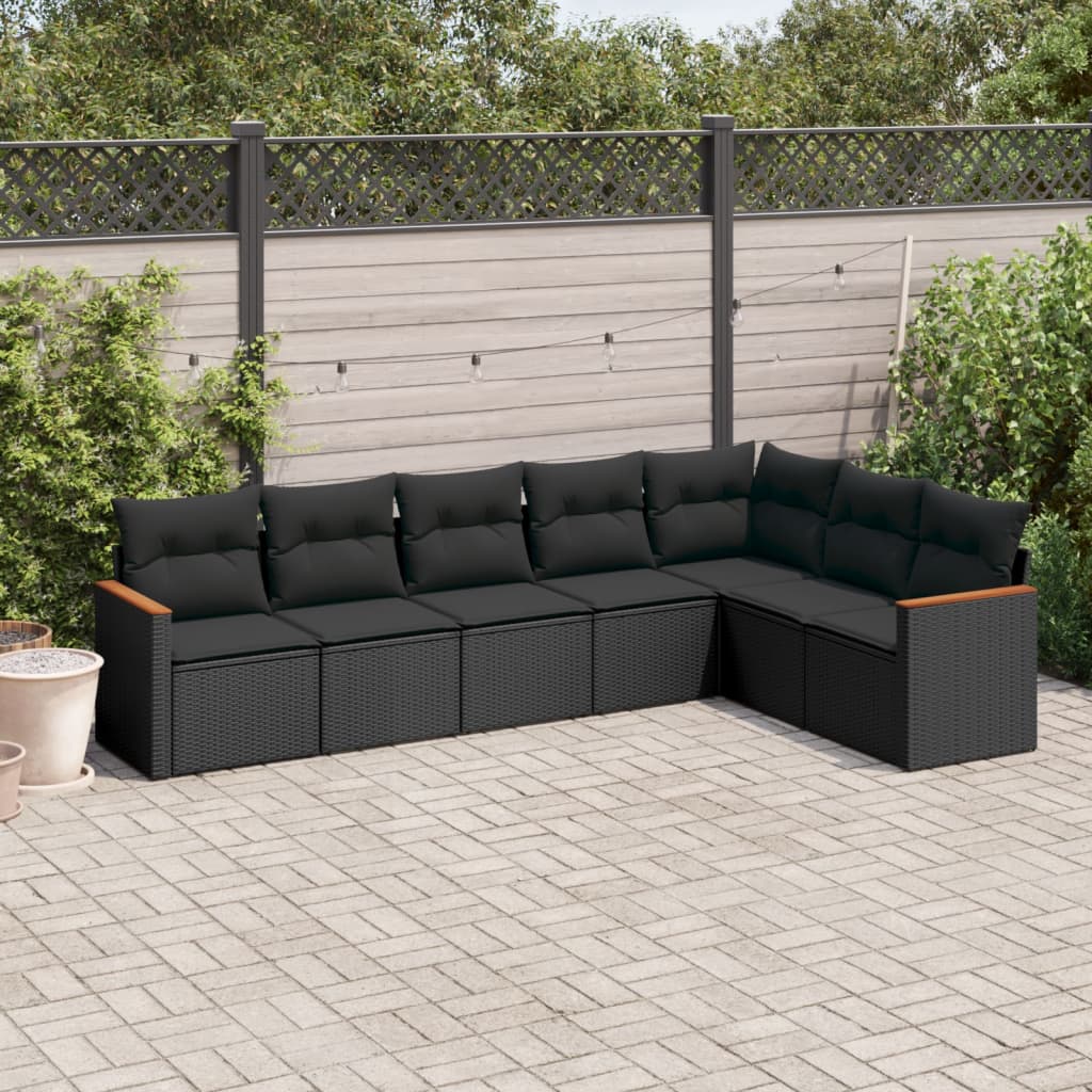 7 Pcs conjunto de sofás p/ jardim c/ almofadões vime PE preto