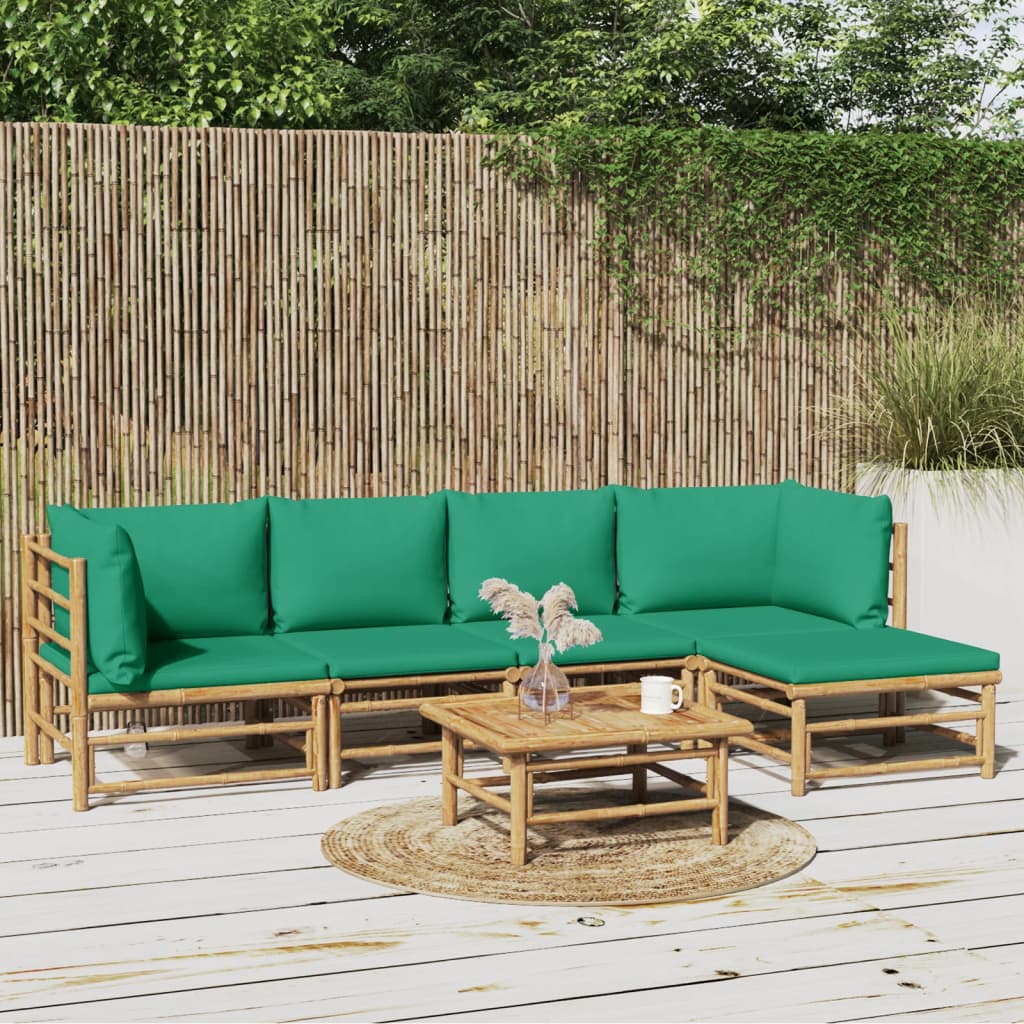 6 Pcs conjunto lounge de jardim bambu c/ almofadões verdes