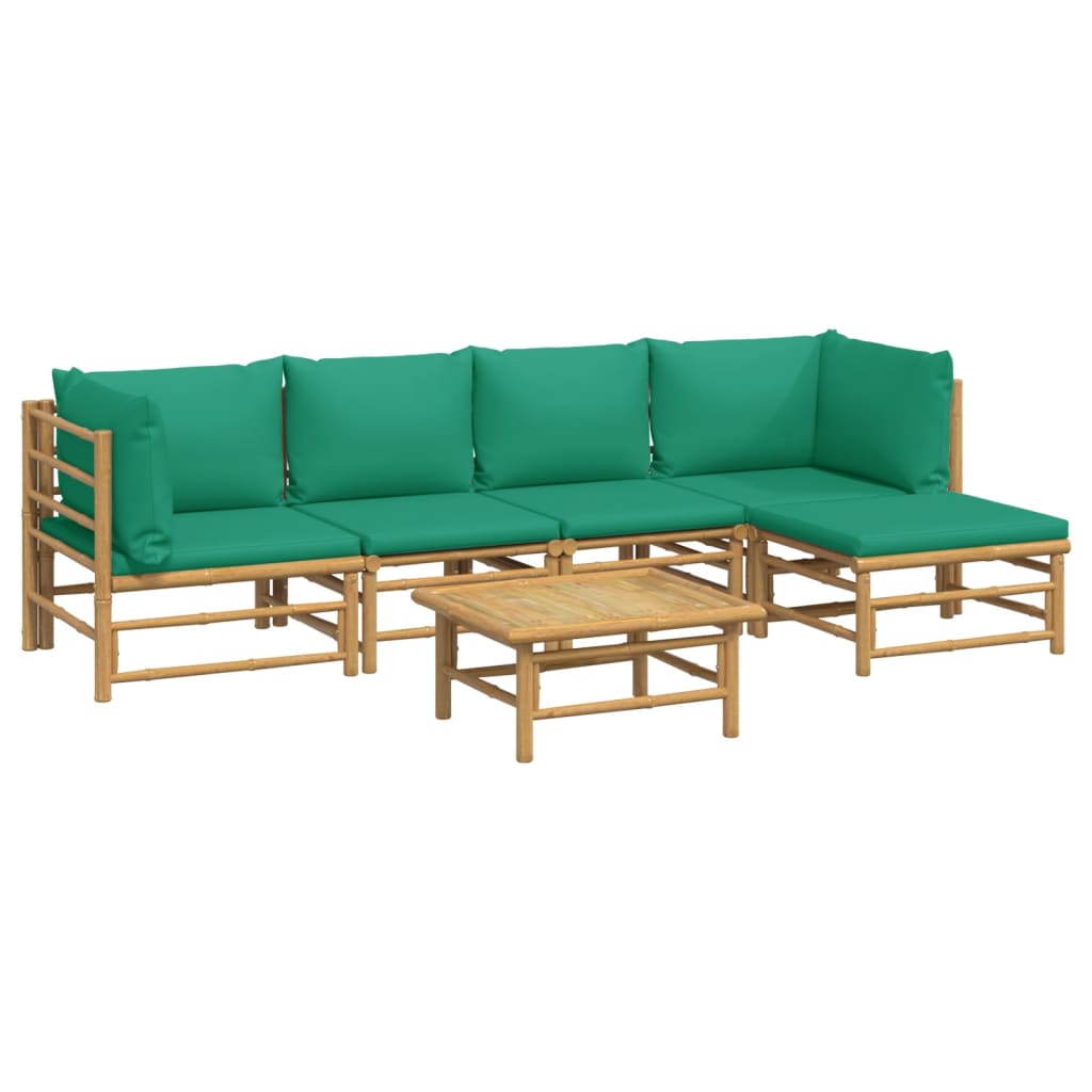 6 Pcs conjunto lounge de jardim bambu c/ almofadões verdes