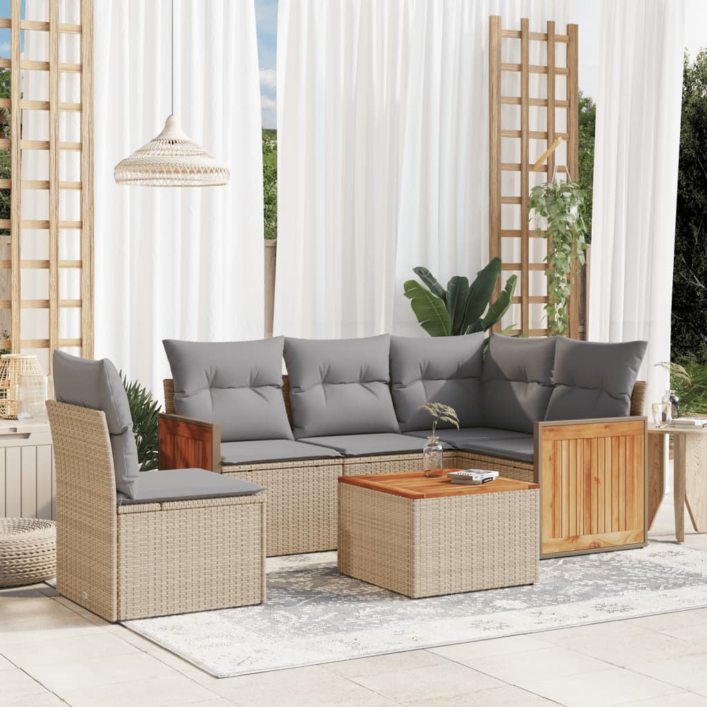 6 Pcs conjunto de sofás p/ jardim com almofadões vime PE bege