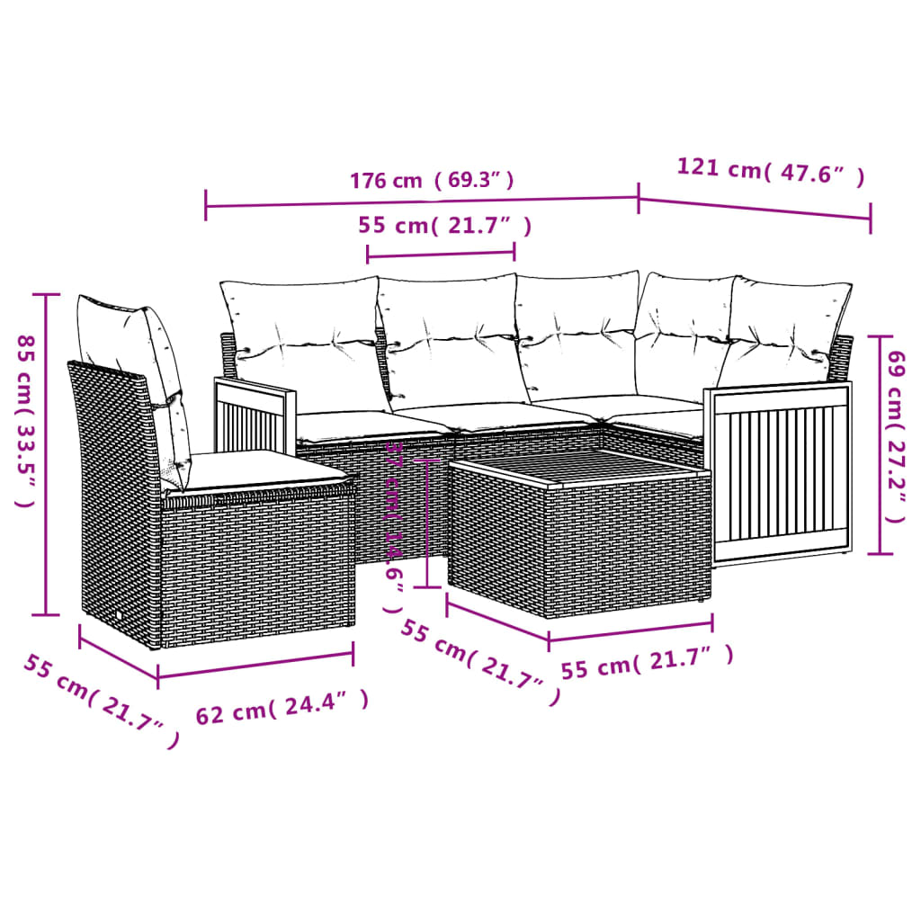 6 Pcs conjunto de sofás p/ jardim com almofadões vime PE bege